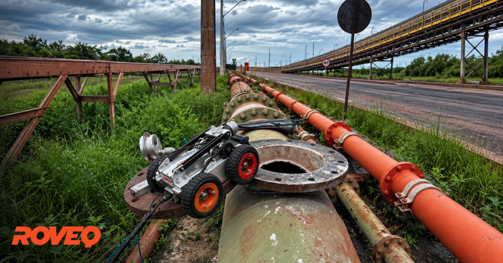 Robô de vídeo inspeção da ROVEQ na entrada de uma tubulação industrial flangeada, em área com dutos e correia transportadora